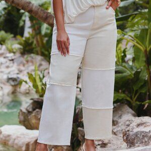 Eloquii White and Cream Patchwork Wide Leg Cropped Jeans